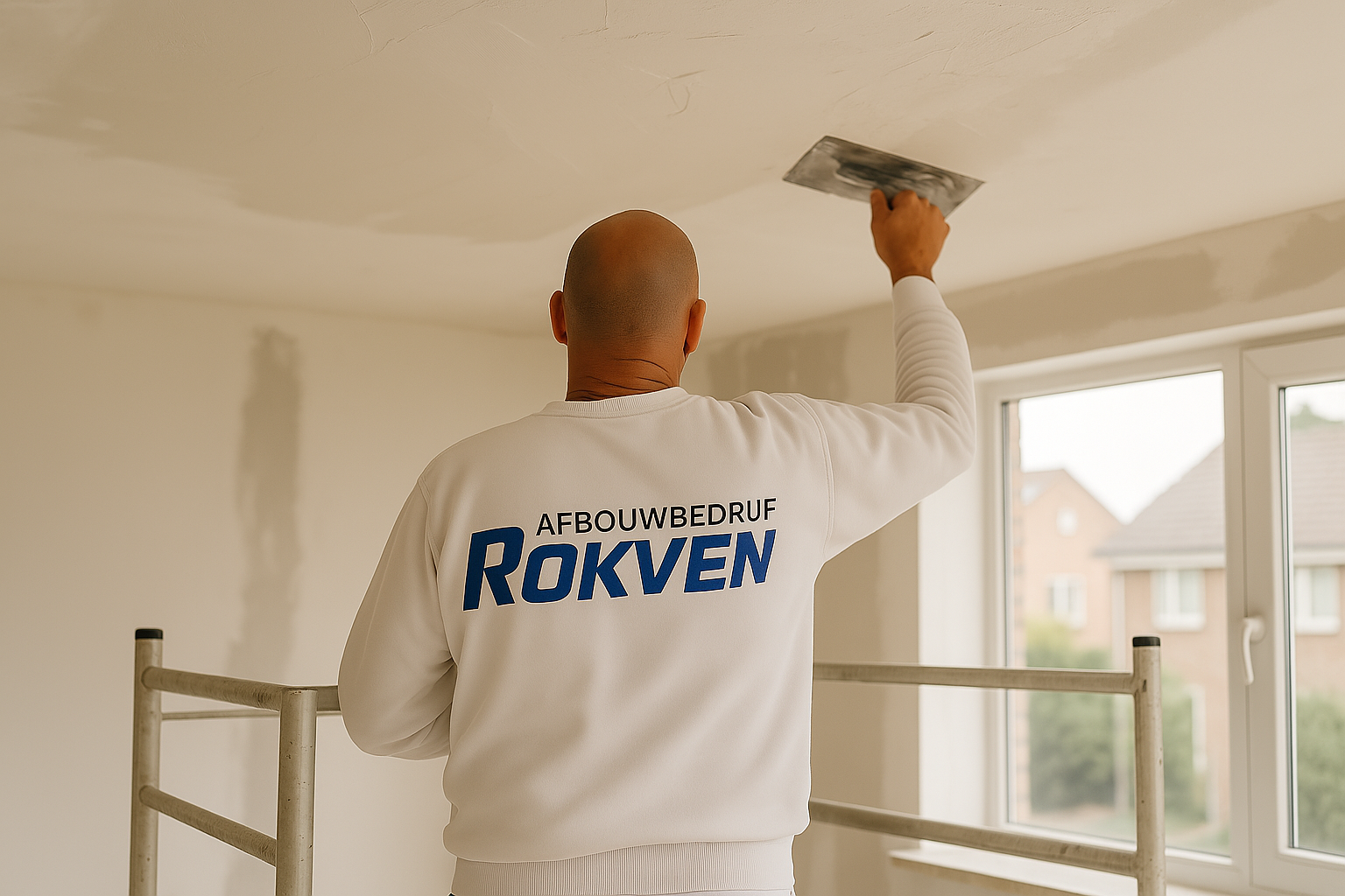 een man die het plafond aan het stucen is Plafond stucen in Roosendaal – waar moet je op letten?